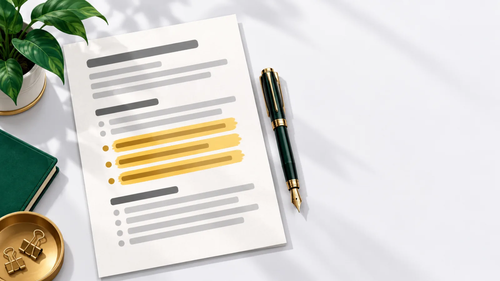 A resume on a desk with three bullet points highlighted in gold, beside a green fountain pen and a potted plant